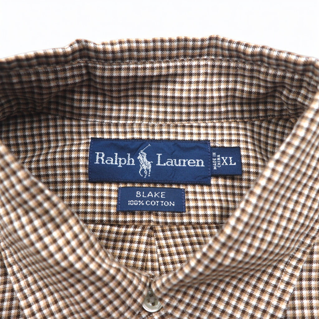 RALPH LAUREN 90s BLAKE Big Size Button Down Shirt XL Brown Check Small Pony Embroidery