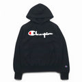 Champion Reverse Weave Pullover Hoodie L Black Script Logo Blue Single Tag Reprint Made in Honduras