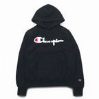Champion Reverse Weave Pullover Hoodie L Black Script Logo Blue Single Tag Reprint Made in Honduras