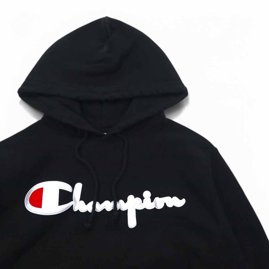 Champion Reverse Weave Pullover Hoodie L Black Script Logo Blue Single Tag Reprint Made in Honduras