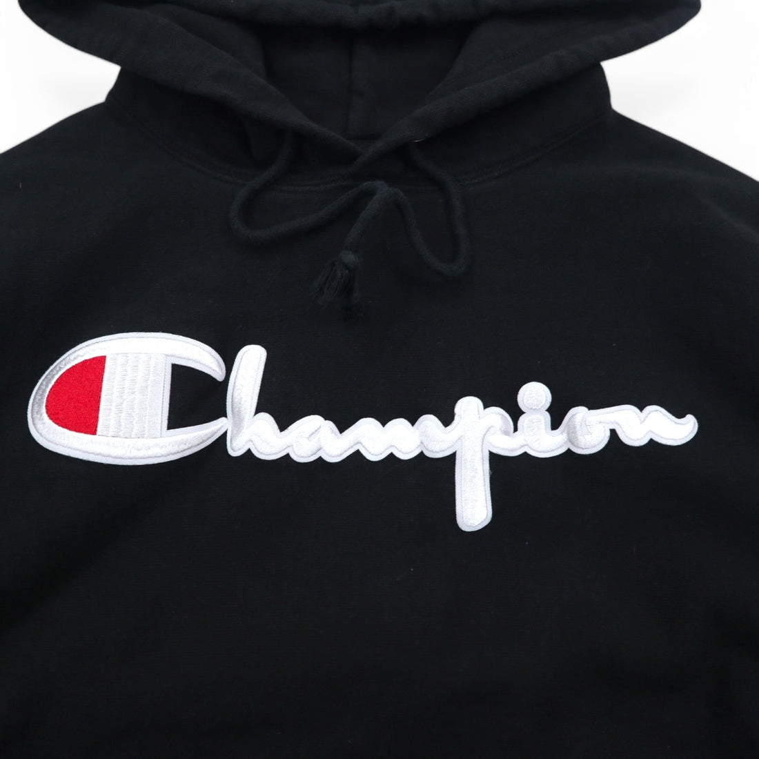 Champion Reverse Weave Pullover Hoodie L Black Script Logo Blue Single Tag Reprint Made in Honduras