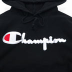 Champion Reverse Weave Pullover Hoodie L Black Script Logo Blue Single Tag Reprint Made in Honduras