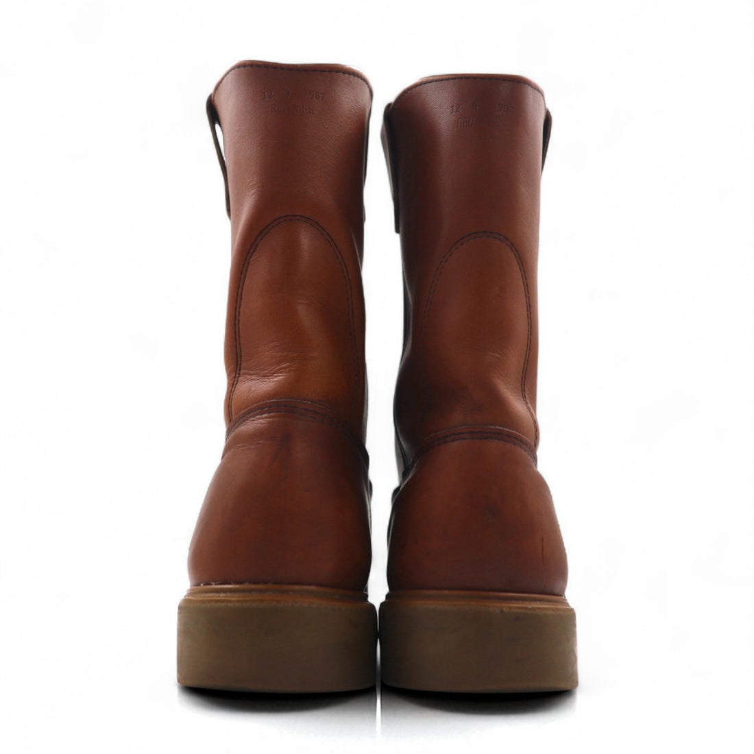 REDWING 1987 USA Made 80s 11-inch Pecos Boots, 30cm, Brown Leather, 1155, Printed Feather Tag, Vertical Feathers