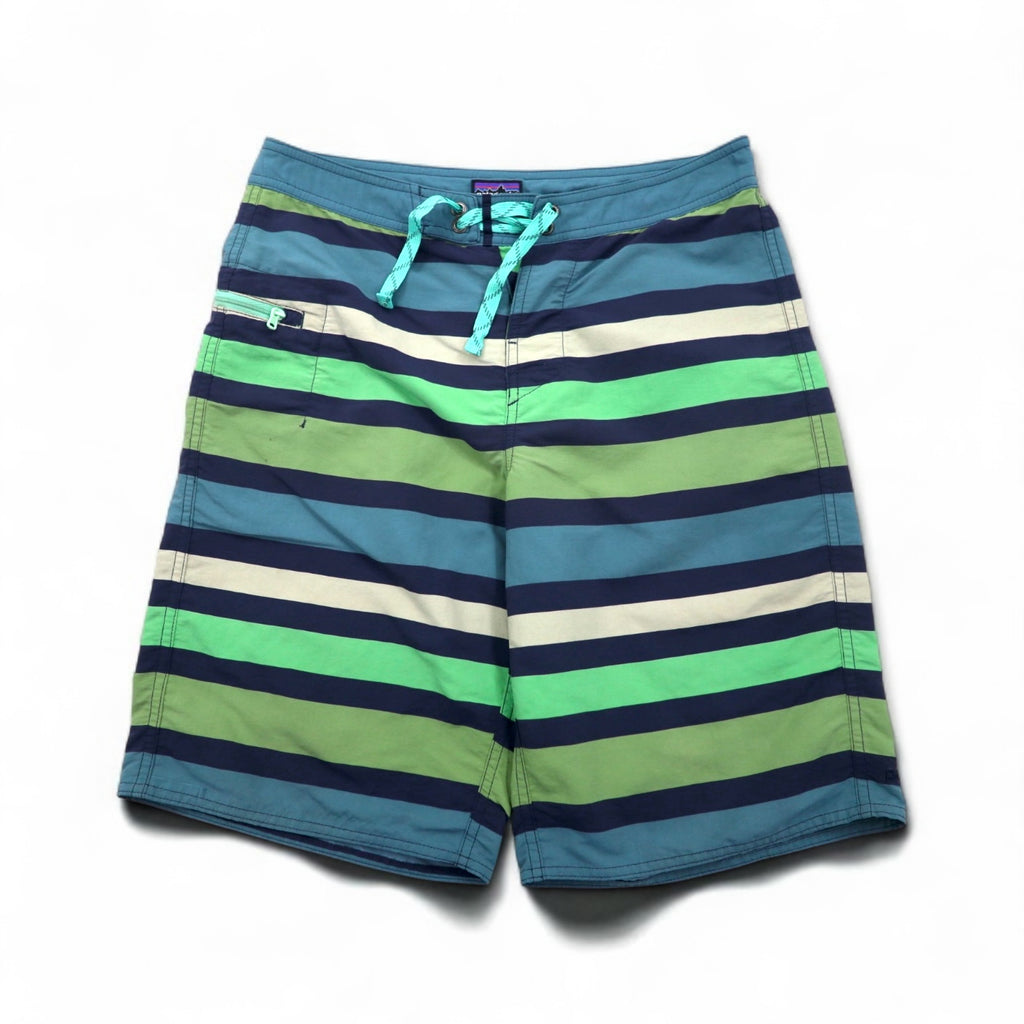 Patagonia Wavefarer Board Shorts, Size S, Navy and Green Striped Nylon, 67817