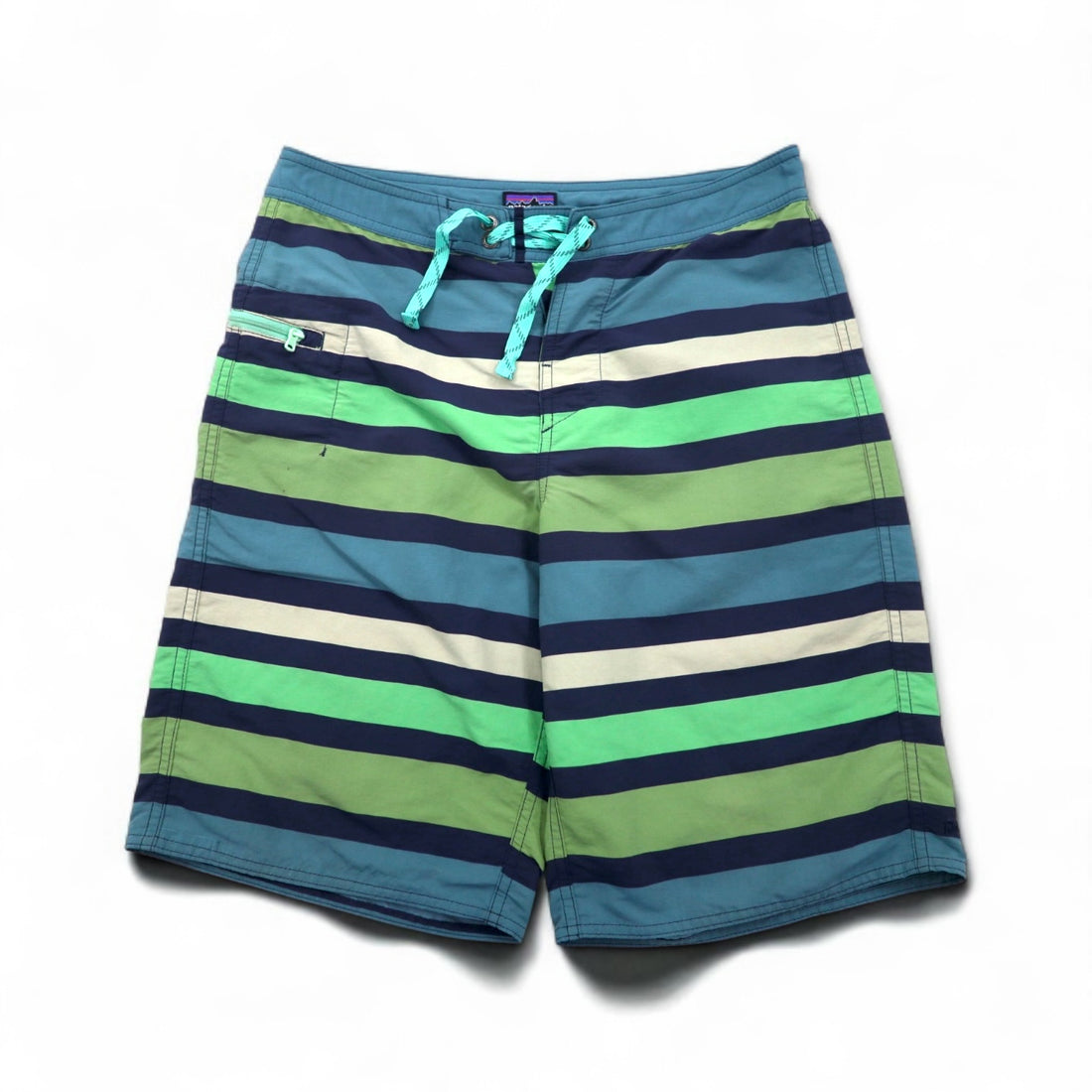 Patagonia Wavefarer Board Shorts, Size S, Navy and Green Striped Nylon, 67817