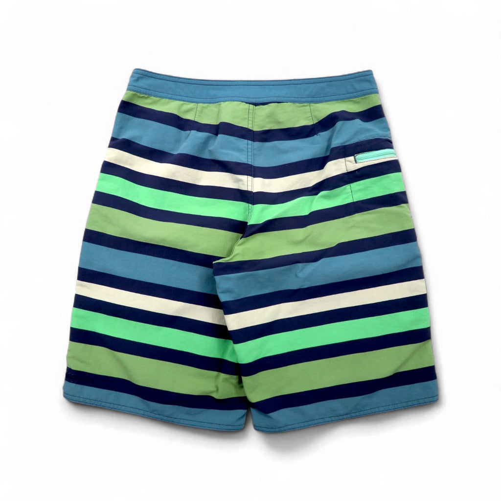 Patagonia Wavefarer Board Shorts, Size S, Navy and Green Striped Nylon, 67817
