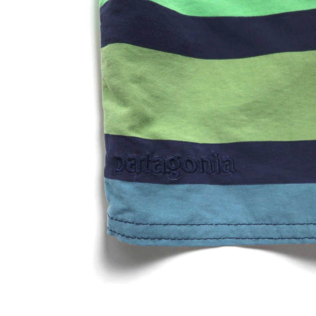 Patagonia Wavefarer Board Shorts, Size S, Navy and Green Striped Nylon, 67817
