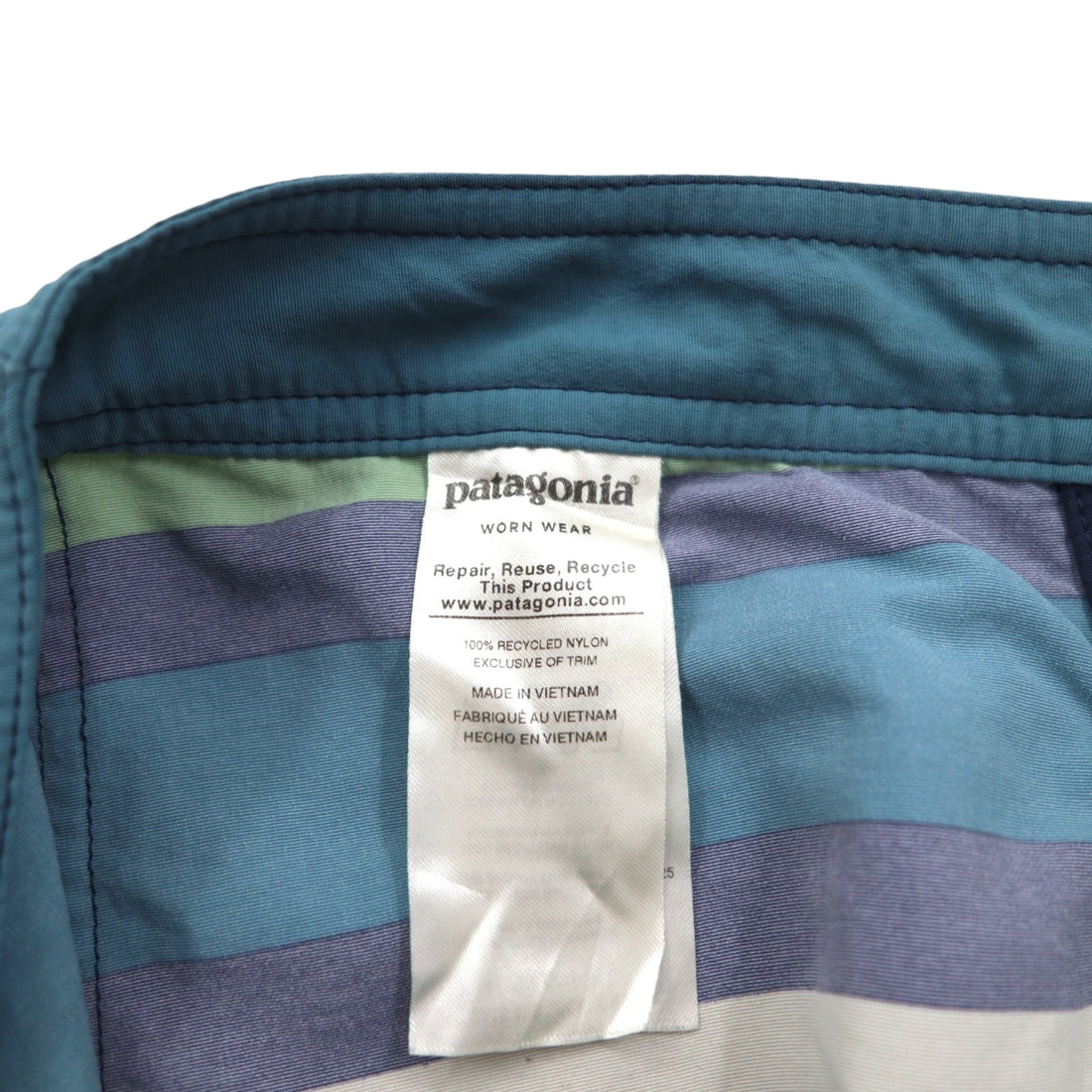 Patagonia Wavefarer Board Shorts, Size S, Navy and Green Striped Nylon, 67817