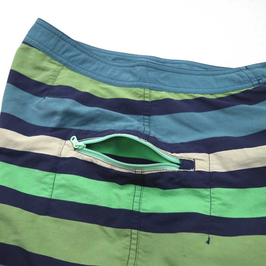Patagonia Wavefarer Board Shorts, Size S, Navy and Green Striped Nylon, 67817