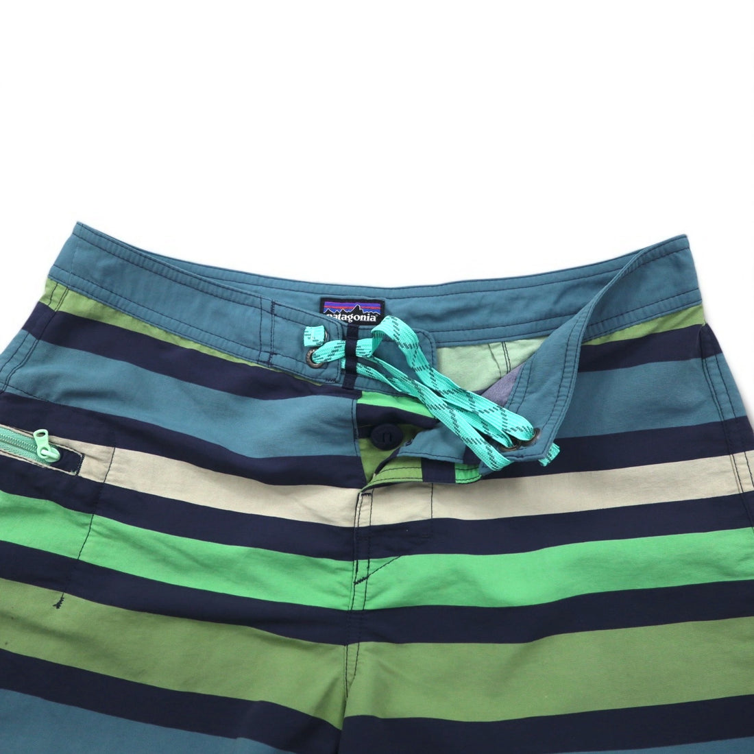 Patagonia Wavefarer Board Shorts, Size S, Navy and Green Striped Nylon, 67817
