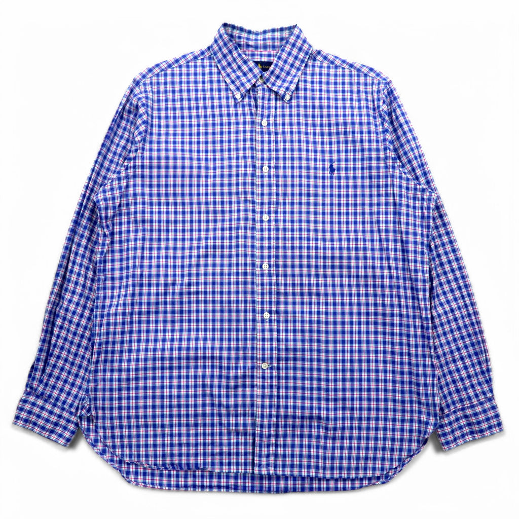 RALPH LAUREN Button-down shirt L Blue Check Big size Small pony embroidery
