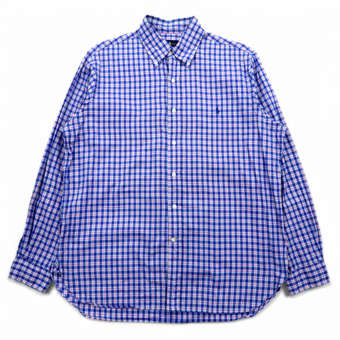 RALPH LAUREN Button-down shirt L Blue Check Big size Small pony embroidery