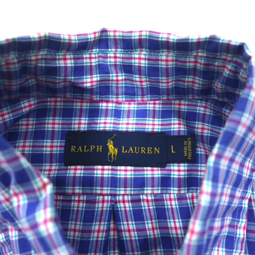 RALPH LAUREN Button-down shirt L Blue Check Big size Small pony embroidery