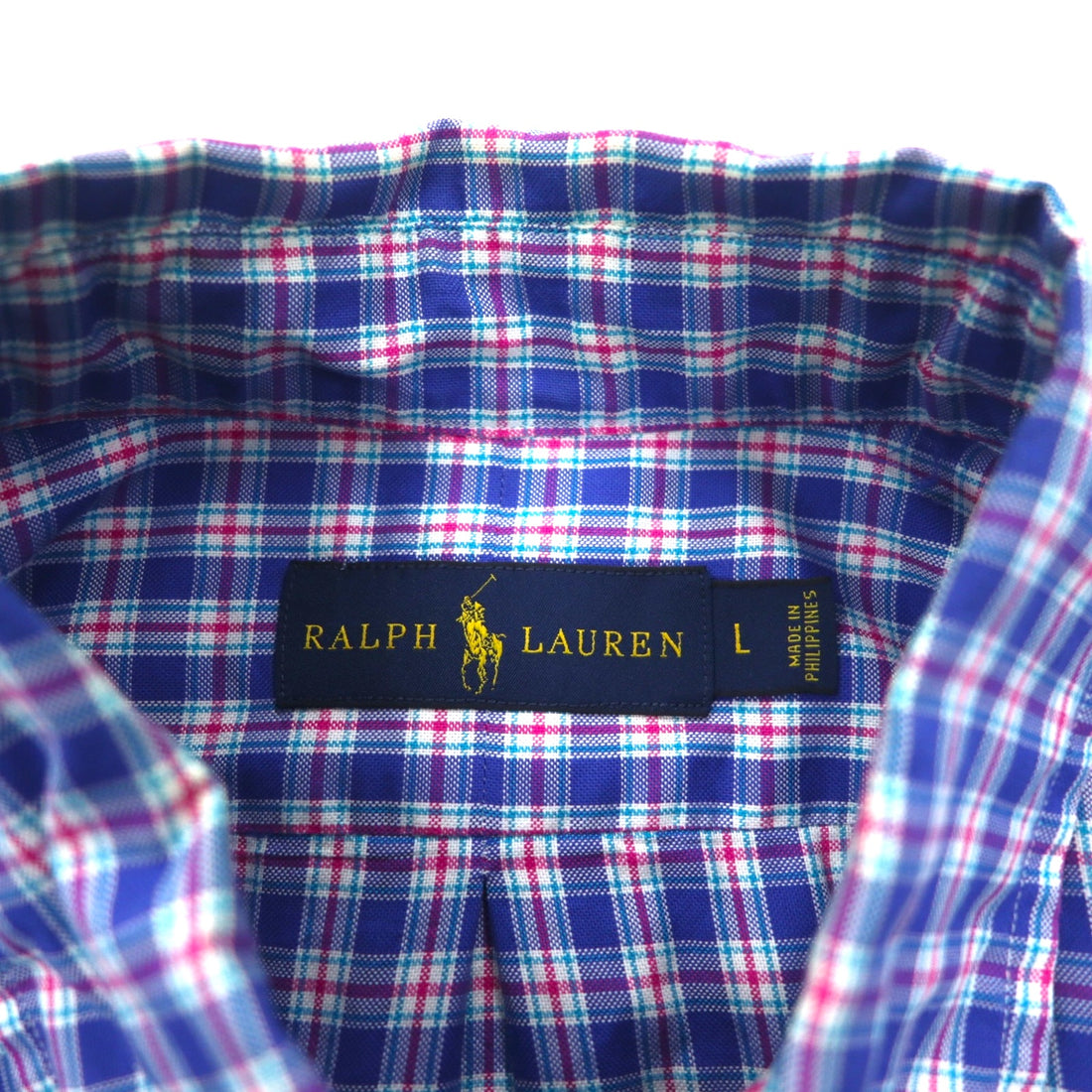 RALPH LAUREN Button-down shirt L Blue Check Big size Small pony embroidery