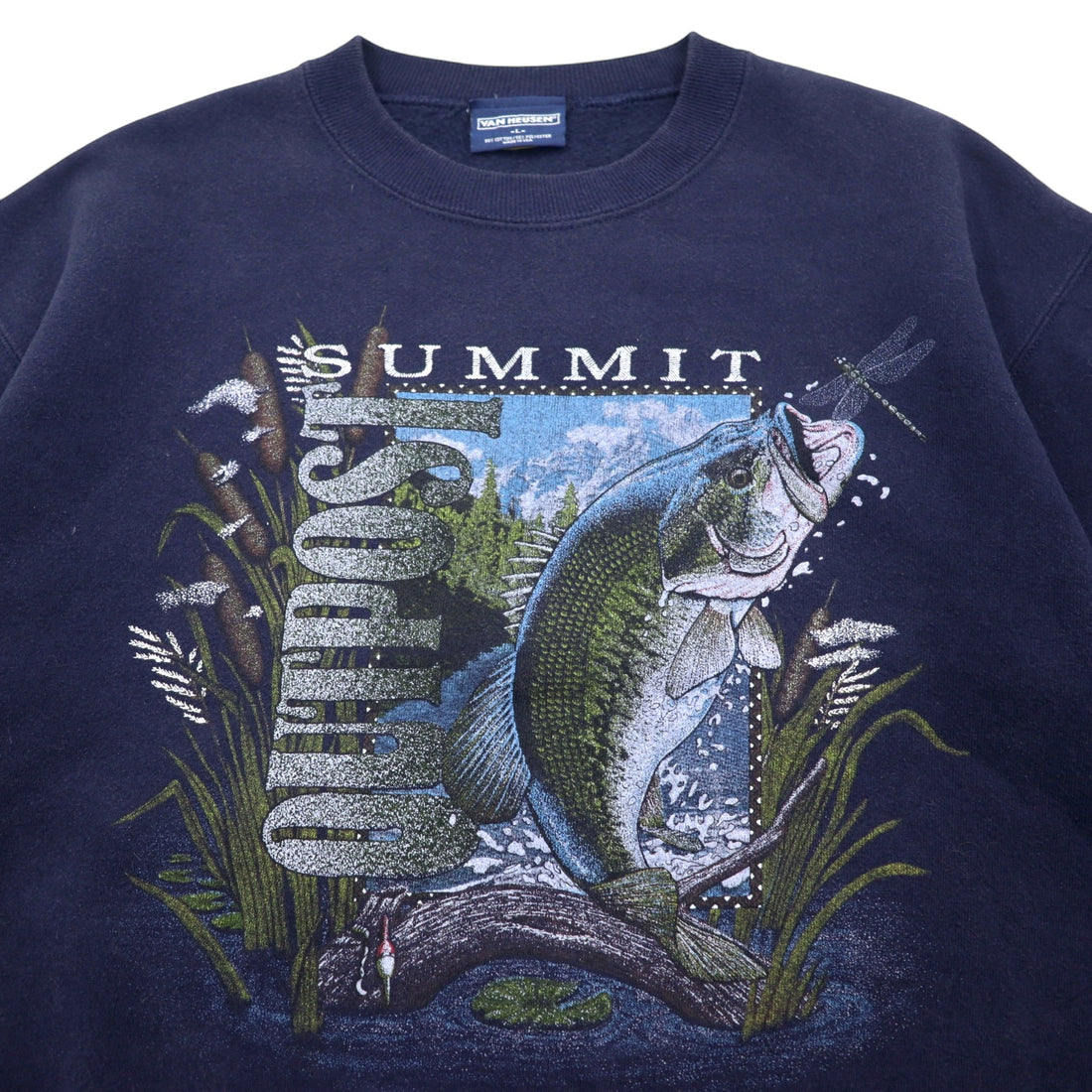 Made in USA 90s VAN HEUSEN Print Sweatshirt L Navy Cotton Fish SUMMIT OUTPOST