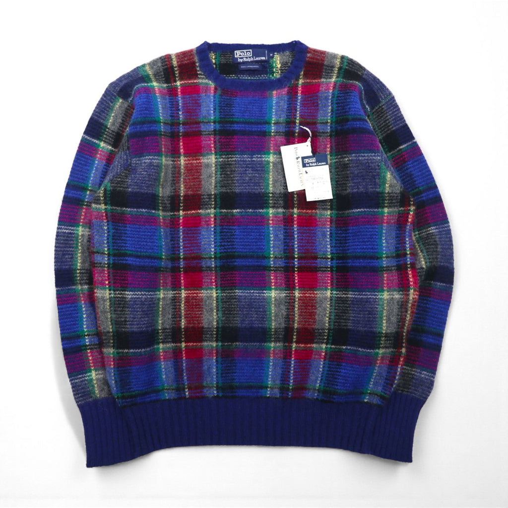 Polo Ralph Lauren 90年代 ラムウール ニット セーター M ブルー チェック 羊毛 未使用品