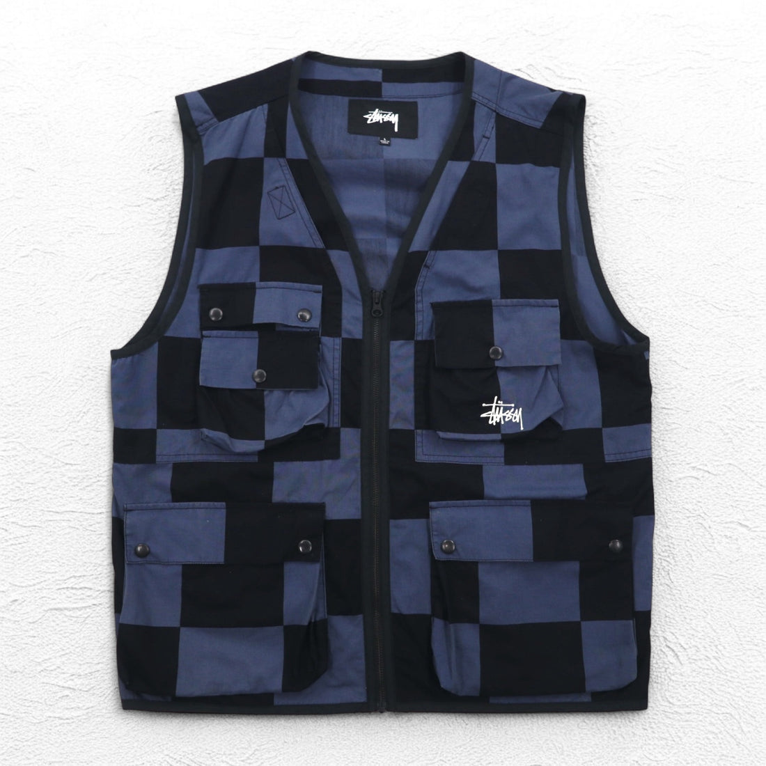 stussy ユーティリティベスト L ブラック ブルー チェック チェッカーフラッグ コットン
