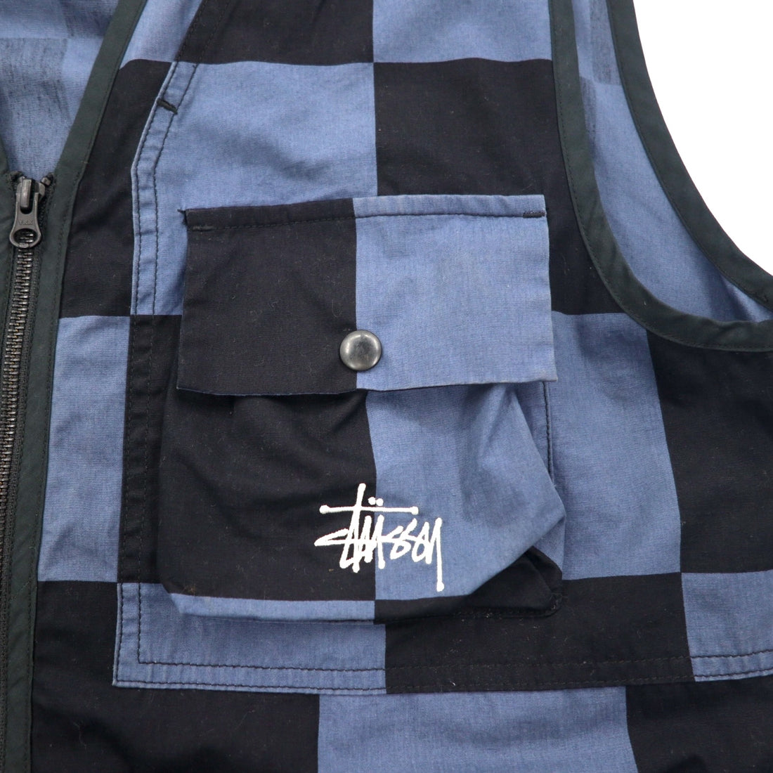 stussy ユーティリティベスト L ブラック ブルー チェック チェッカーフラッグ コットン