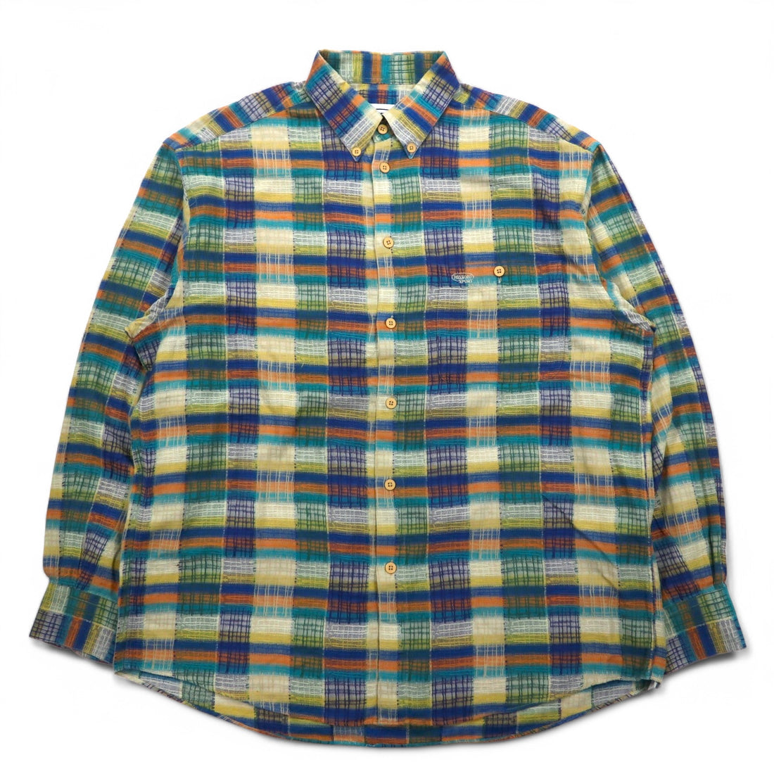 Missoni Sport 90s Button-down Shirt, Large, Green, Yellow, Check, Cotton, Big Size