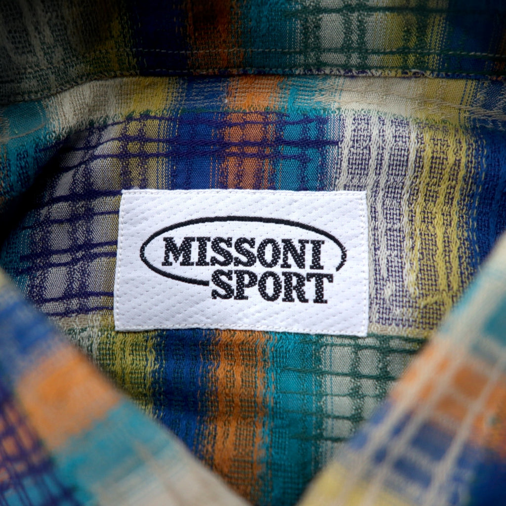 Missoni Sport 90s Button-down Shirt, Large, Green, Yellow, Check, Cotton, Big Size