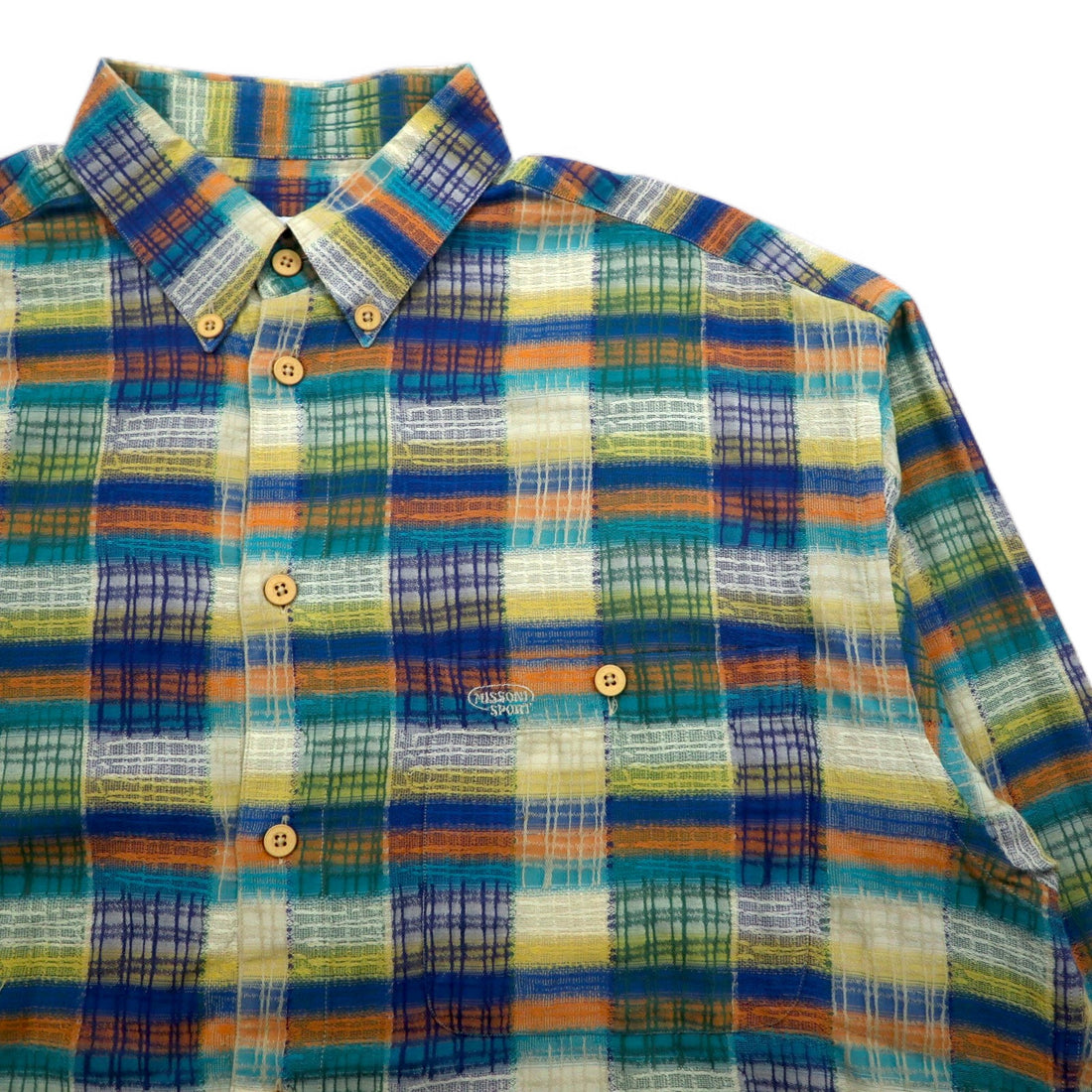 Missoni Sport 90s Button-down Shirt, Large, Green, Yellow, Check, Cotton, Big Size