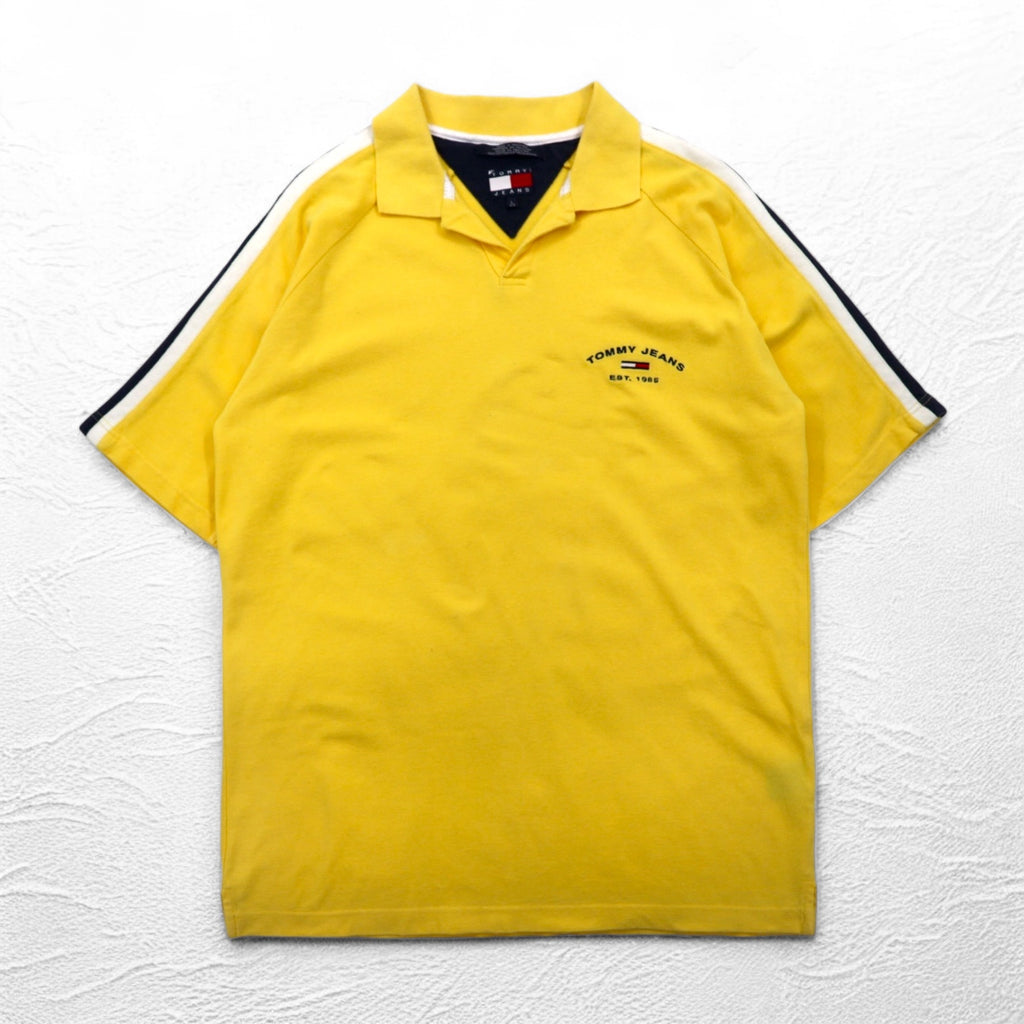 TOMMY JEANS 90s Open Collar Polo Shirt L Yellow One Point Logo Embroidery Made in Pakistan