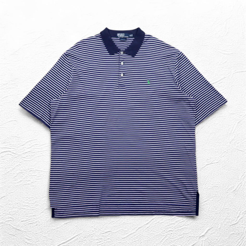 Polo by Ralph Lauren 90s Polo Shirt XL Big Size Navy Striped Pima Cotton GOLF FIT Small Pony Embroidery Made in Peru