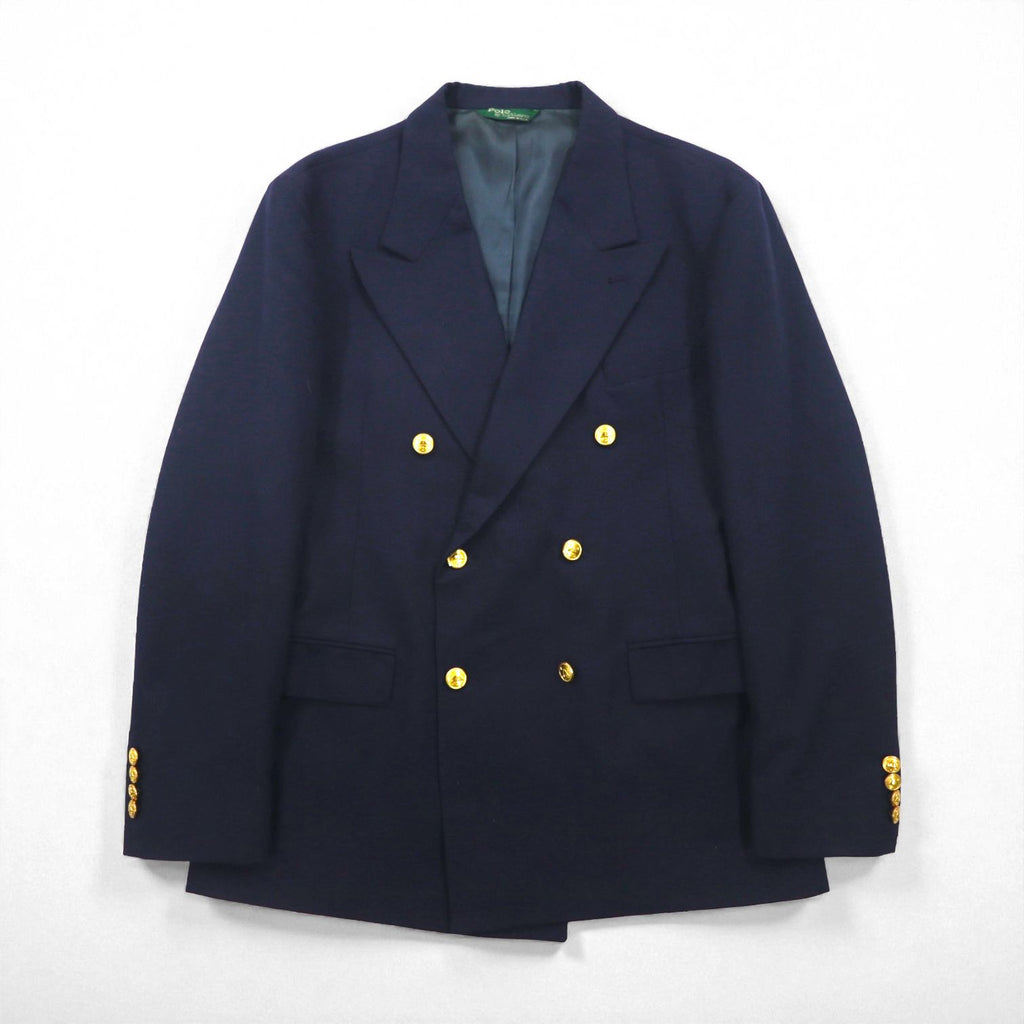 Polo Ralph Lauren 90年代 USA製 ダブル ブレザー テーラードジャケット M ピークドラペル 紺ブレ 金ボタン ギャバジン