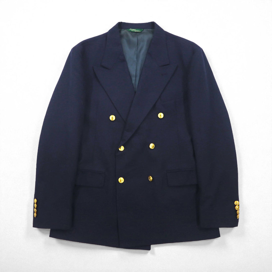 Polo Ralph Lauren 90年代 USA製 ダブル ブレザー テーラードジャケット M ピークドラペル 紺ブレ 金ボタン ギャバジン