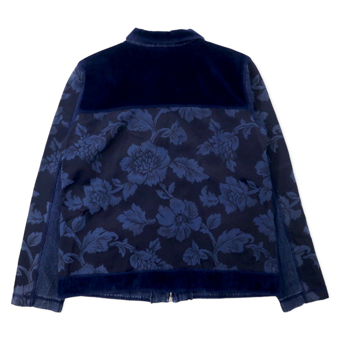 MARSHA SPORT Made in USA Patchwork Different Materials Switching Design Zip Up Jacket M Navy Cotton Velor Denim Floral Pattern