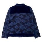 MARSHA SPORT Made in USA Patchwork Different Materials Switching Design Zip Up Jacket M Navy Cotton Velor Denim Floral Pattern
