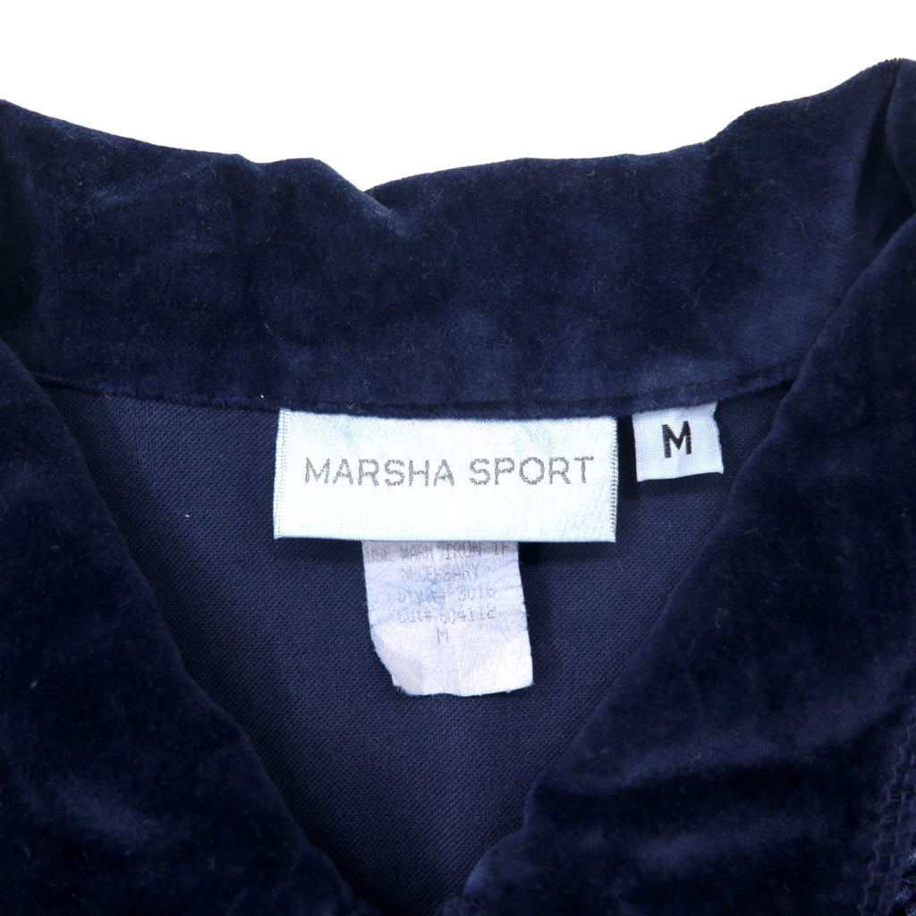 MARSHA SPORT Made in USA Patchwork Different Materials Switching Design Zip Up Jacket M Navy Cotton Velor Denim Floral Pattern