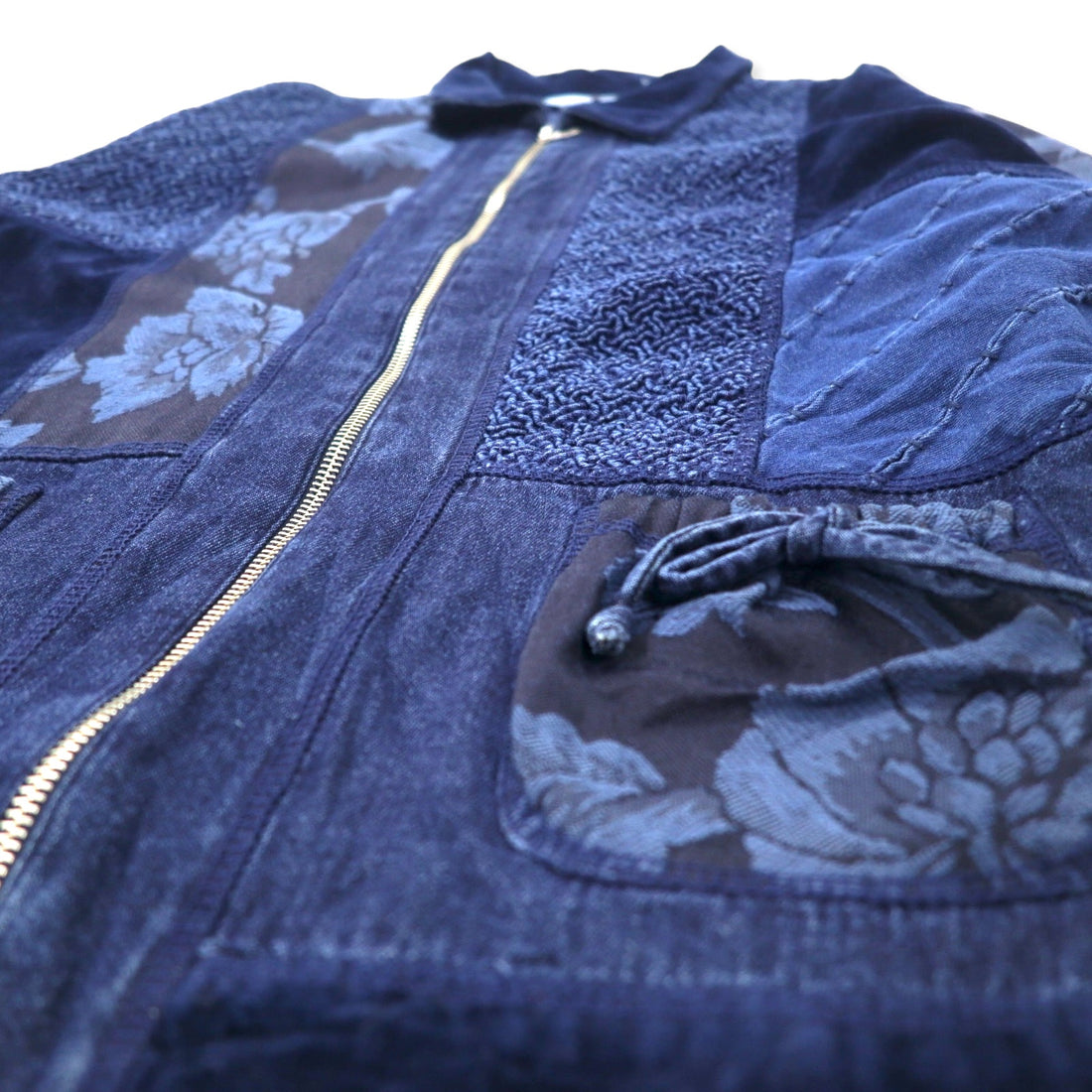 MARSHA SPORT Made in USA Patchwork Different Materials Switching Design Zip Up Jacket M Navy Cotton Velor Denim Floral Pattern