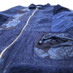 MARSHA SPORT Made in USA Patchwork Different Materials Switching Design Zip Up Jacket M Navy Cotton Velor Denim Floral Pattern