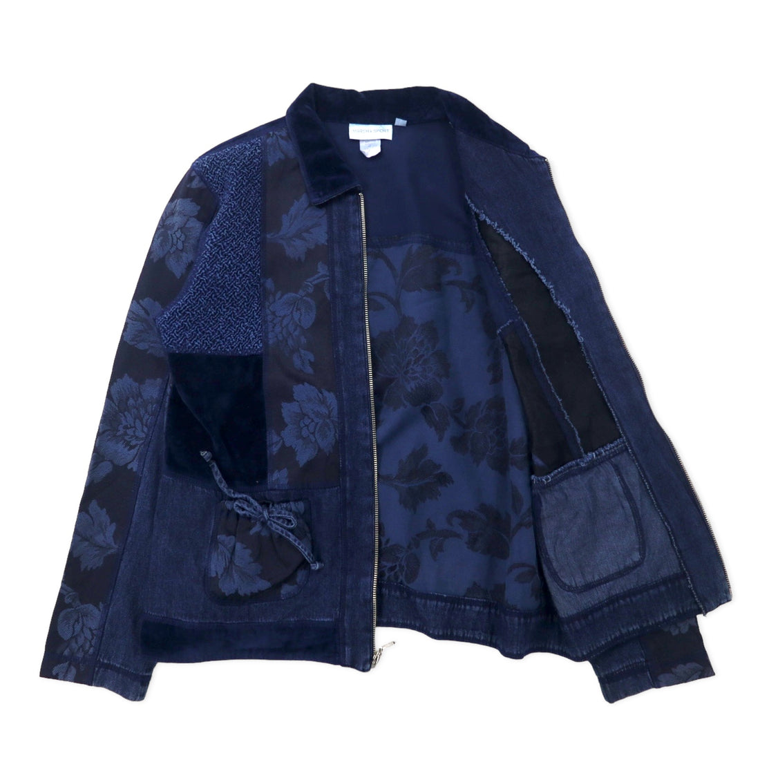 MARSHA SPORT Made in USA Patchwork Different Materials Switching Design Zip Up Jacket M Navy Cotton Velor Denim Floral Pattern