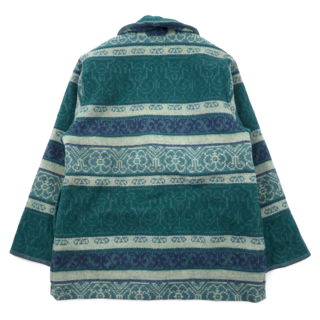 Eddie Bauer 90s USA Made Shawl Collar Blanket Jacket XL Blue Wool Native American Print Toggle Button