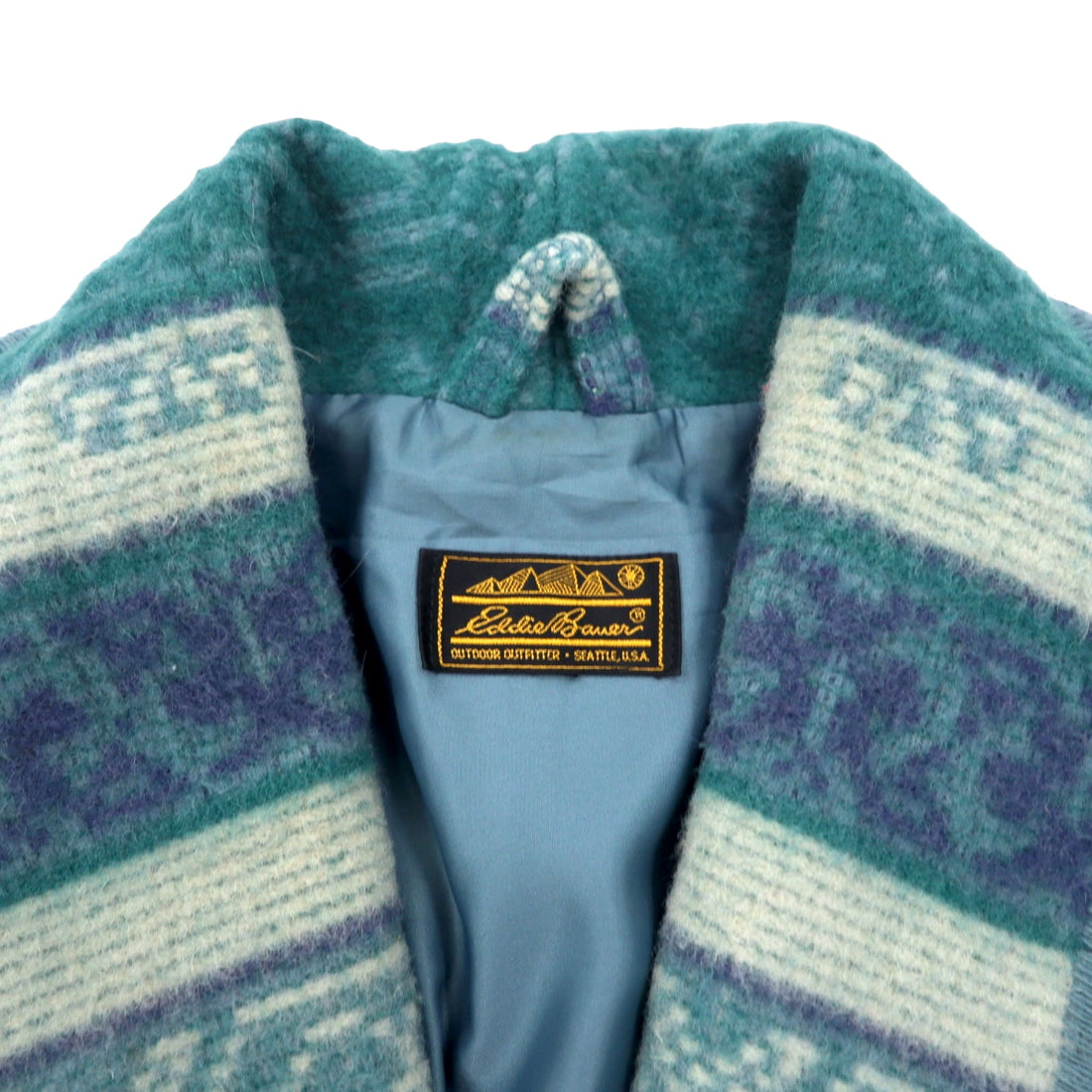 Eddie Bauer 90s USA Made Shawl Collar Blanket Jacket XL Blue Wool Native American Print Toggle Button