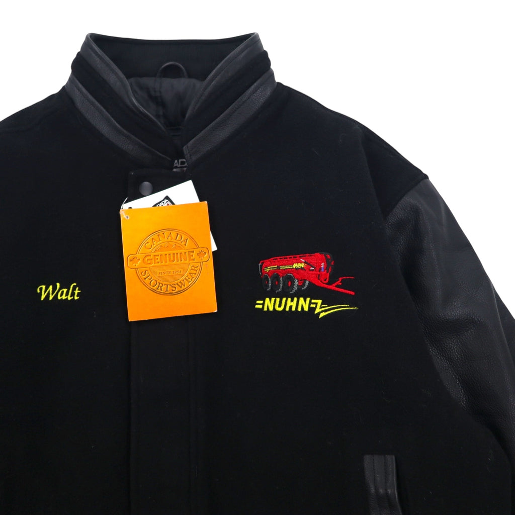 CANADA SPORTSWEAR Leather Sleeve Stadium Jacket L Black Wool Cowhide NUHN Embroidery Unused