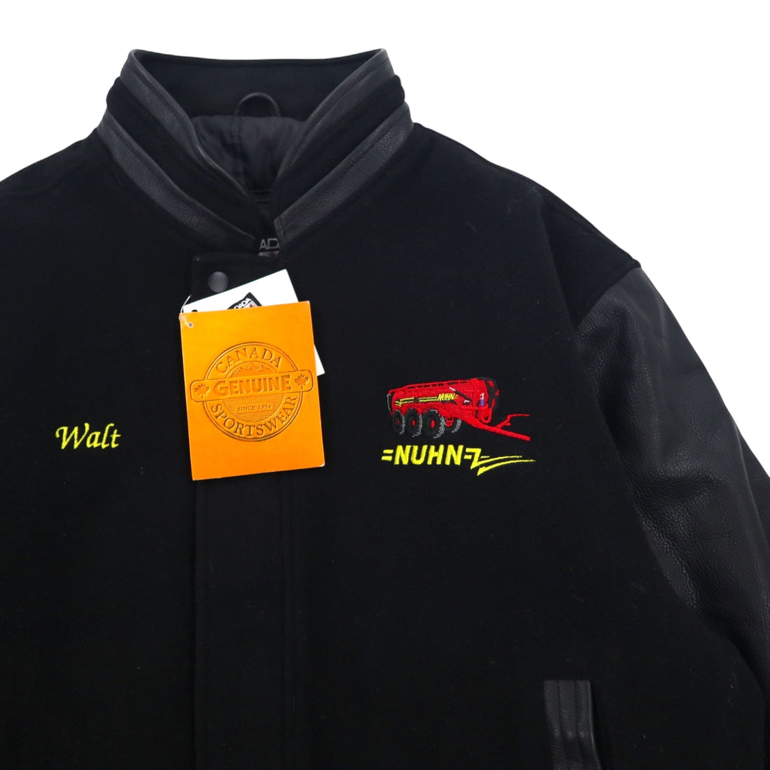 CANADA SPORTSWEAR Leather Sleeve Stadium Jacket L Black Wool Cowhide NUHN Embroidery Unused