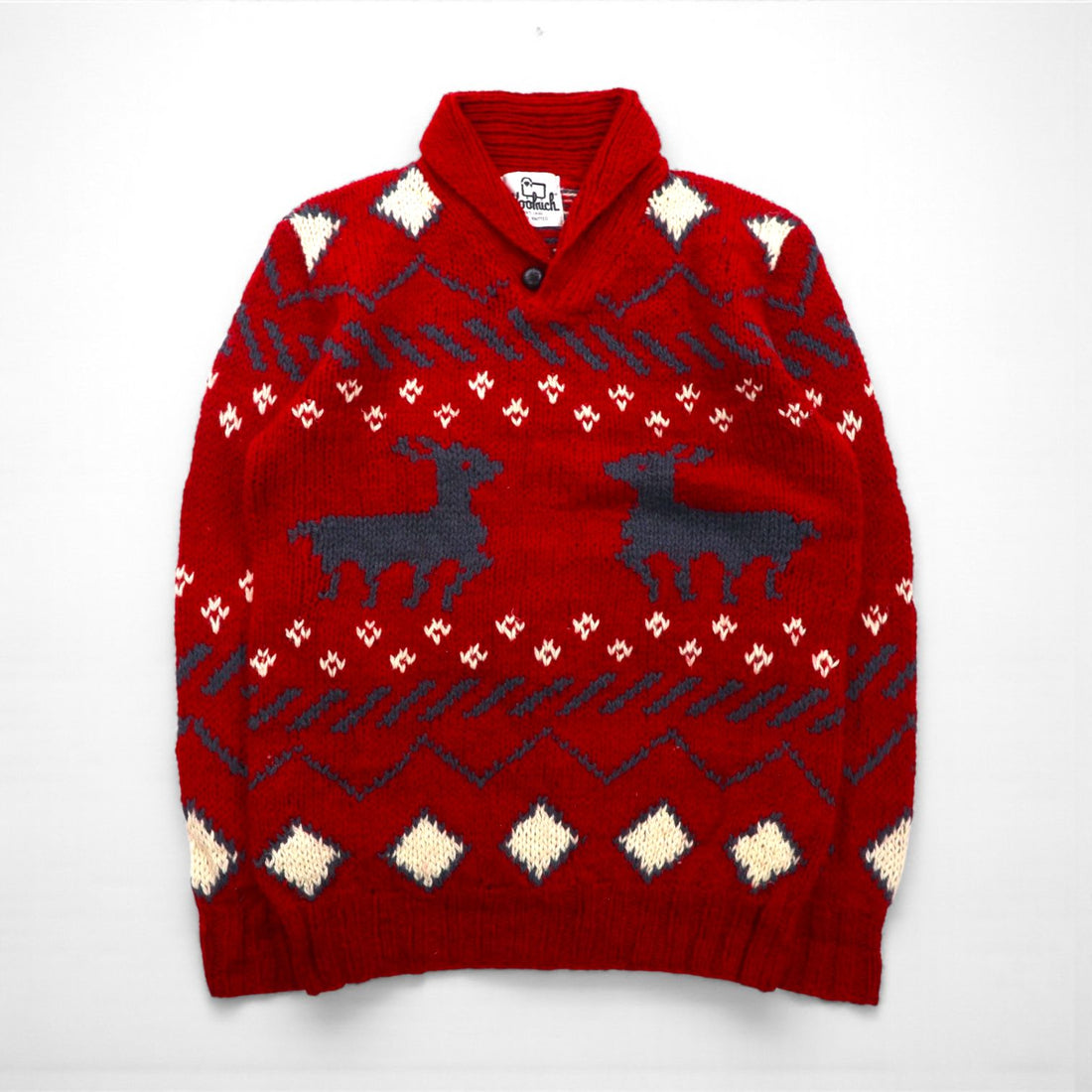 Woolrich 1970s White Tag Shawl Collar Cowichan Knit Sweater, Size L, Red, Nordic Pattern, Wool