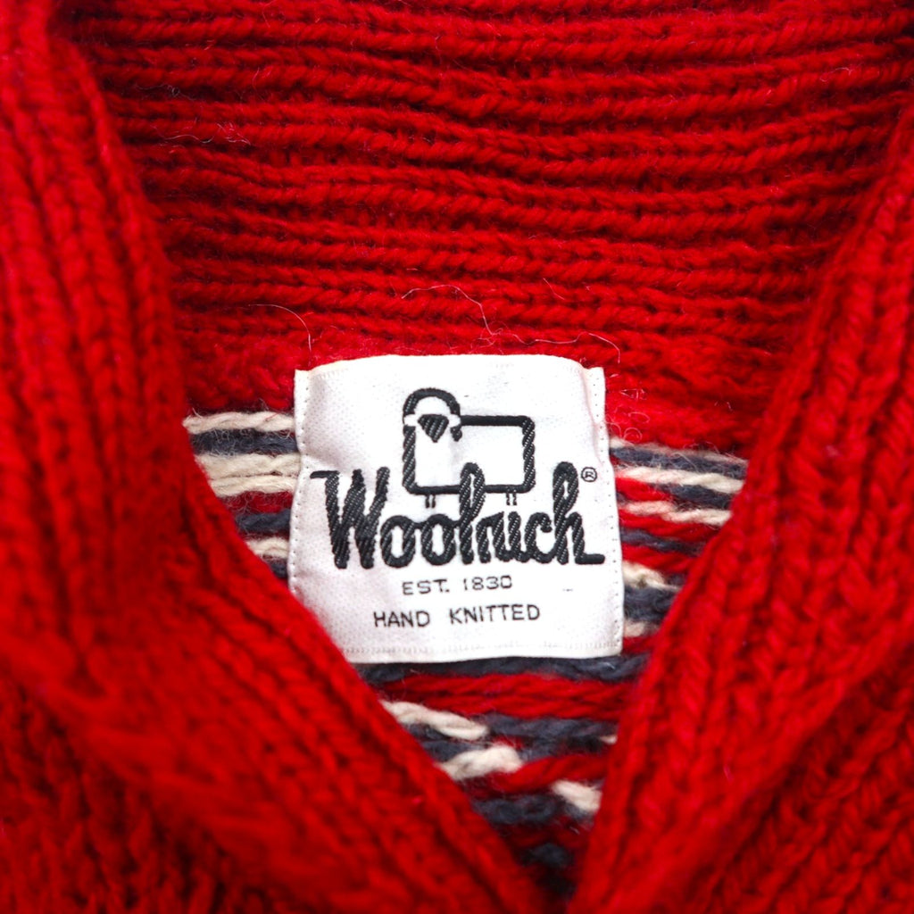 Woolrich 1970s White Tag Shawl Collar Cowichan Knit Sweater, Size L, Red, Nordic Pattern, Wool