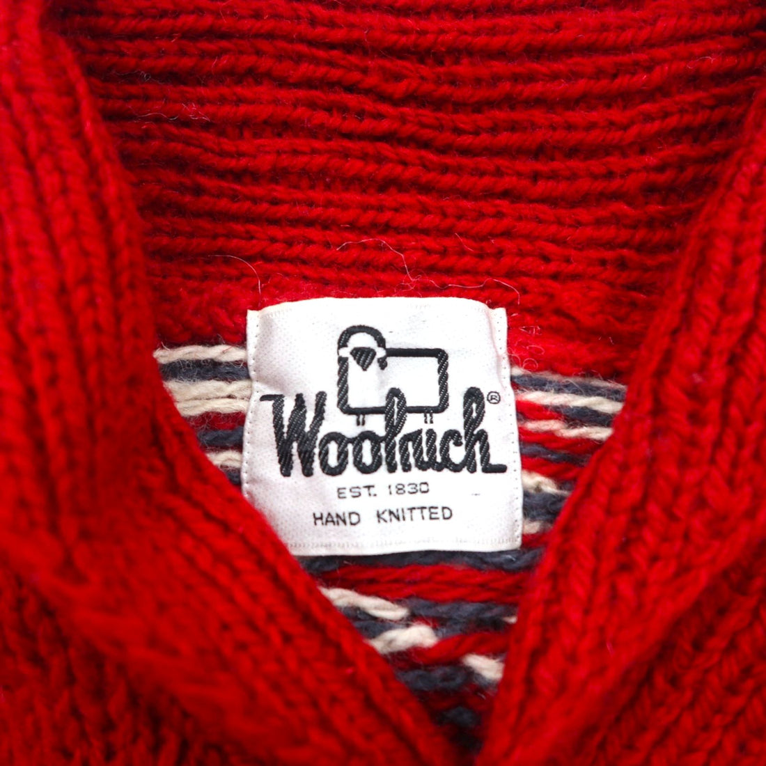Woolrich 1970s White Tag Shawl Collar Cowichan Knit Sweater, Size L, Red, Nordic Pattern, Wool