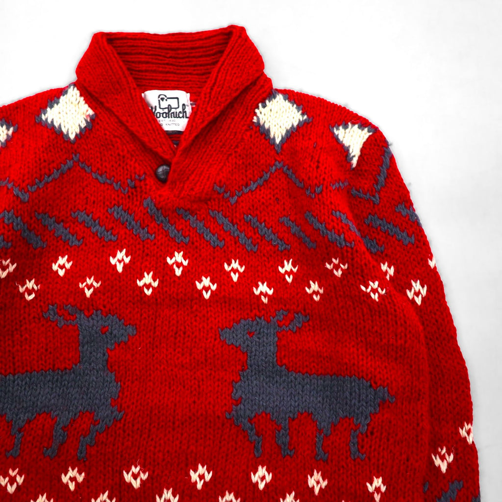 Woolrich 1970s White Tag Shawl Collar Cowichan Knit Sweater, Size L, Red, Nordic Pattern, Wool