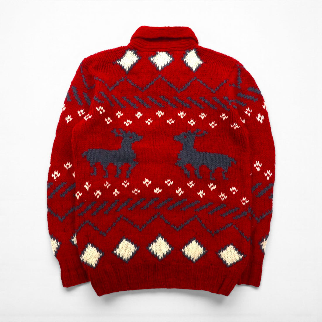 Woolrich 1970s White Tag Shawl Collar Cowichan Knit Sweater, Size L, Red, Nordic Pattern, Wool