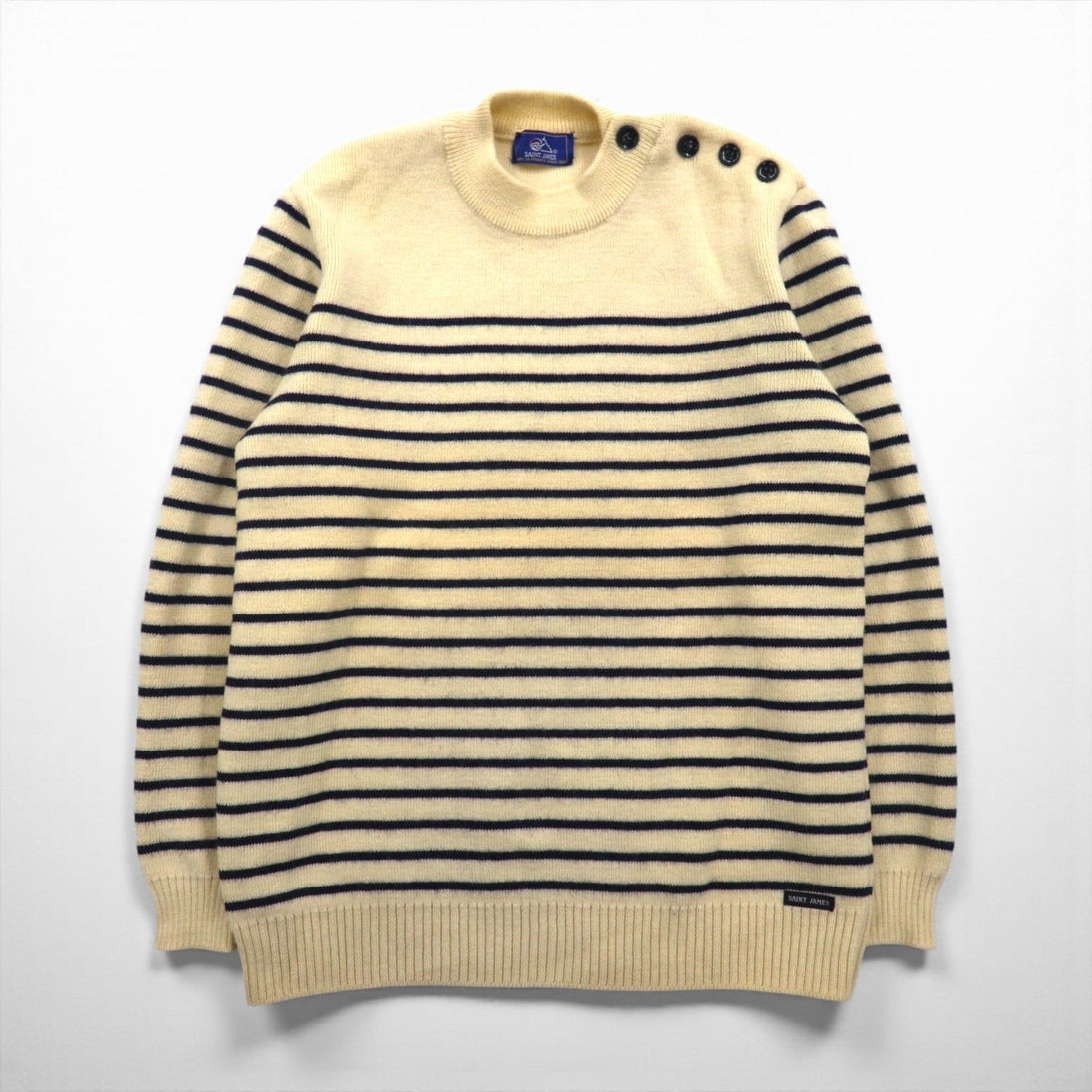SAINT JAMES Marine Striped Knit CANCALE Sweater, Size M, Off-White Wool, Shoulder Buttons, Made in France