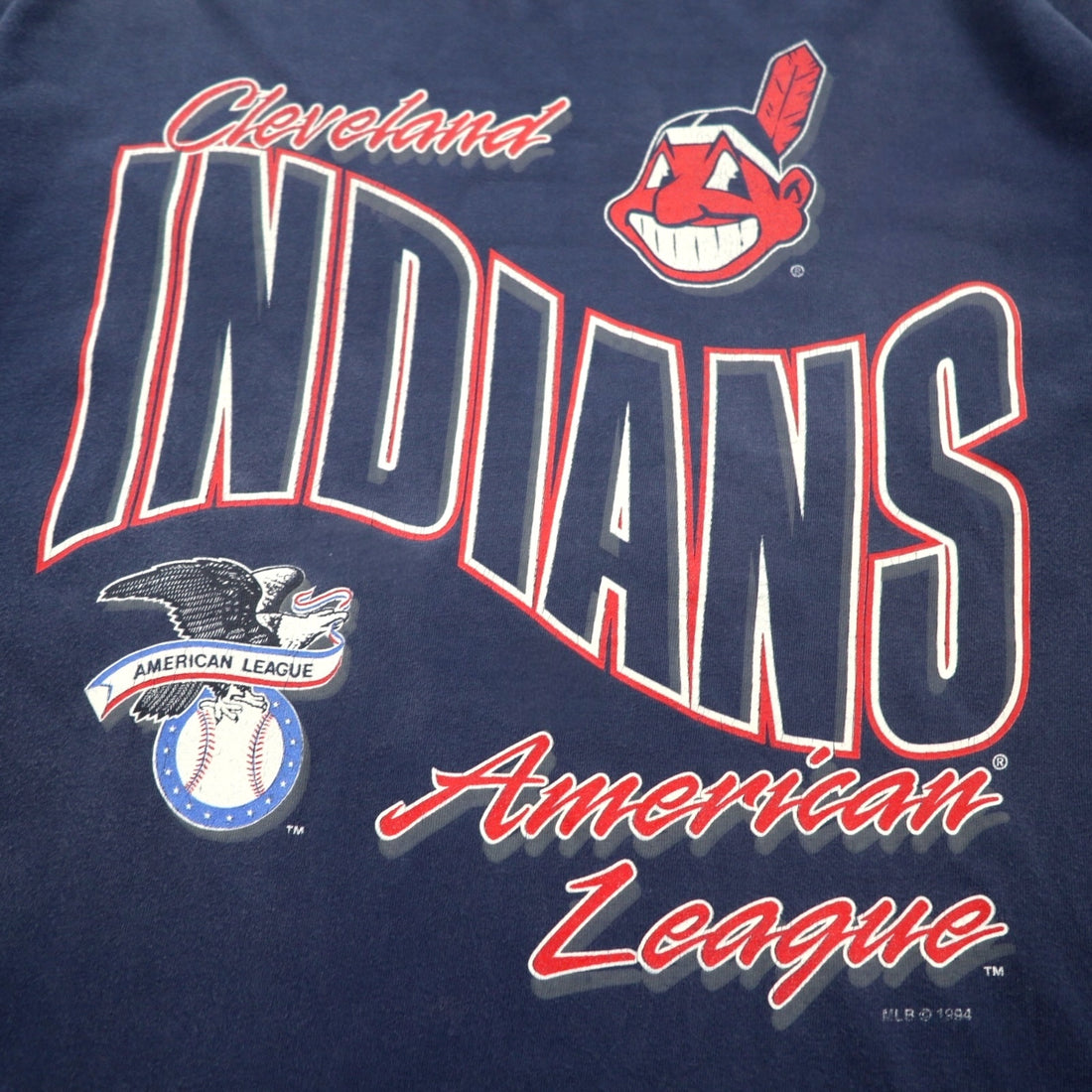 JOSTENS SPORTSWEAR 90s USA Made MLB INDIANS Print T-Shirt XL Navy Single Stitch