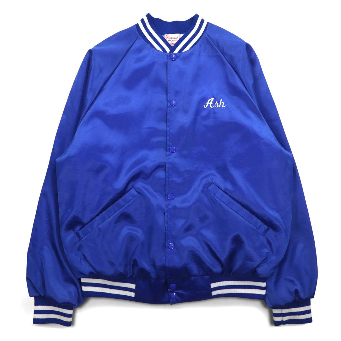 Cardinal 90s USA Made Varsity Jacket L Blue Nylon NEW ROCHELLE Baseball Back Print