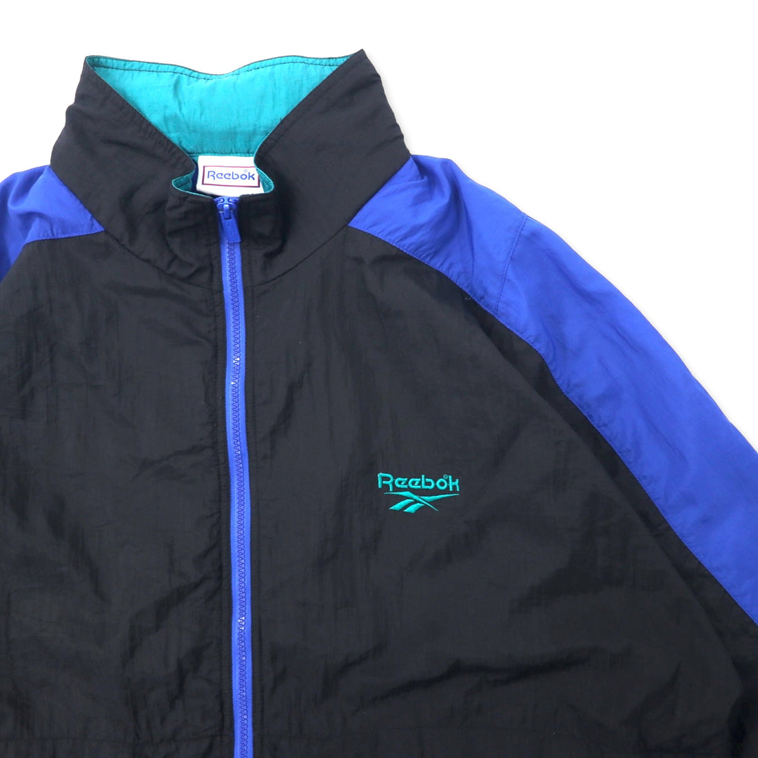 Reebok 90's Nylon Jacket XL Black Blue Vector Logo Hood Storage Type