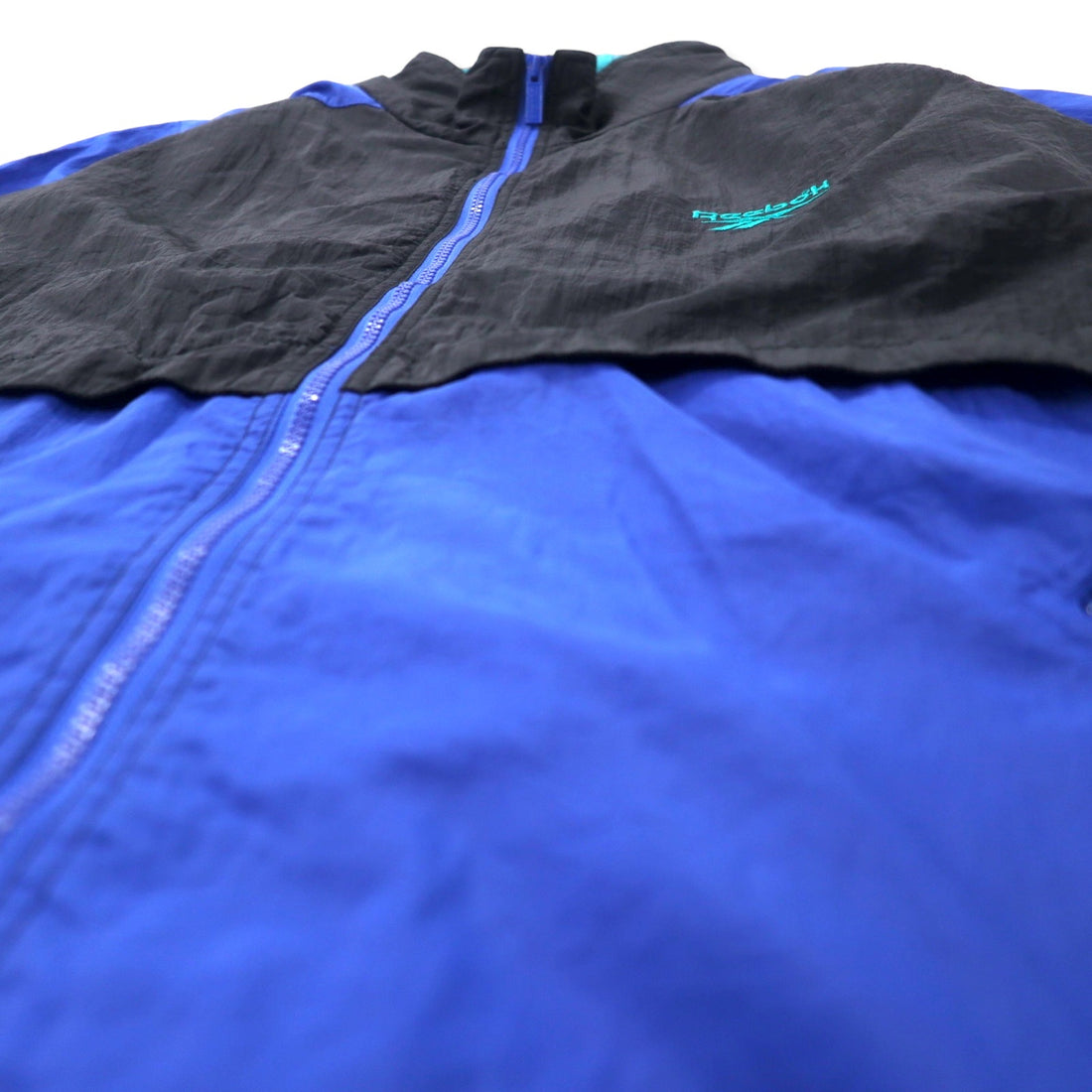 Reebok 90's Nylon Jacket XL Black Blue Vector Logo Hood Storage Type