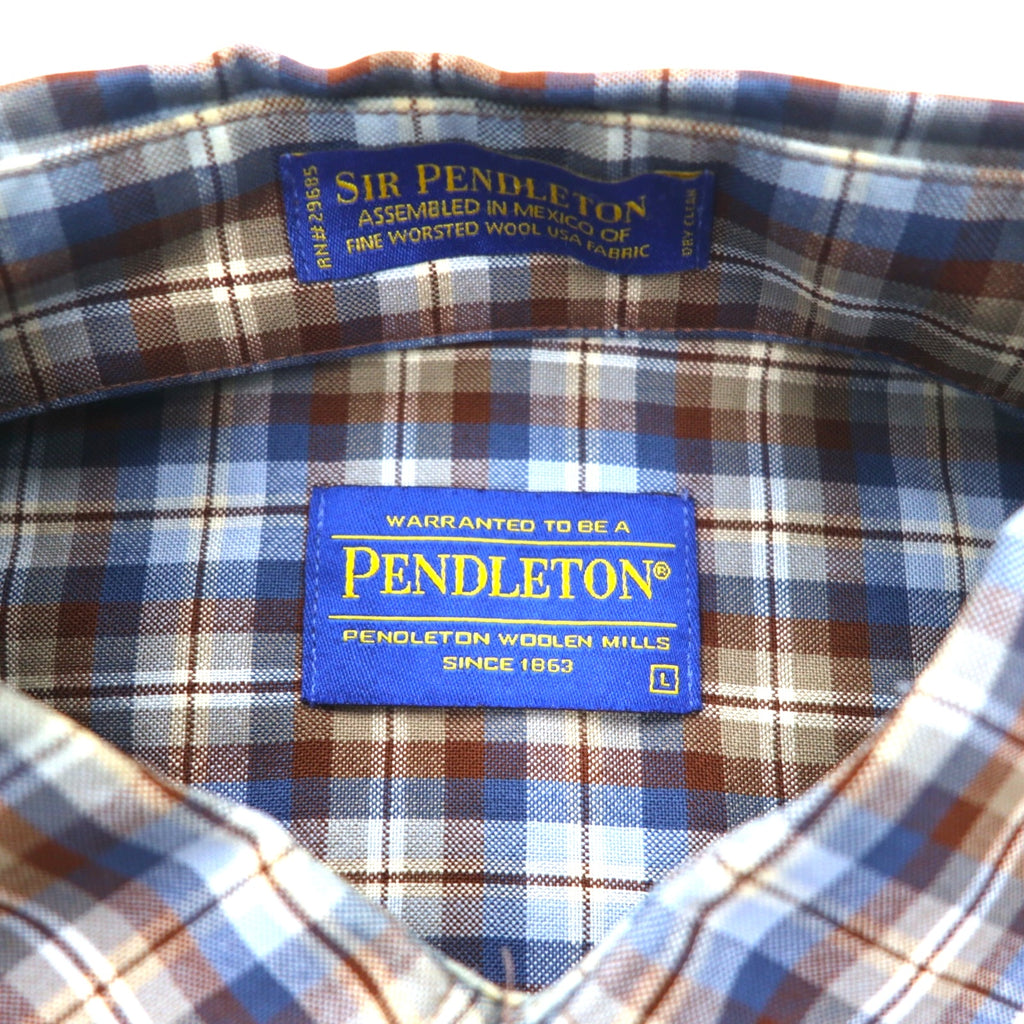 PENDLETON Wool Check Button-Down Shirt, L, Blue, Brown, Made in Mexico
